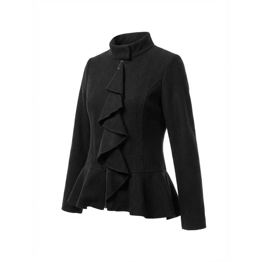 AVA Ruffle Front Peplum Zip Up Jacket Large Black Mock Neck Excellent